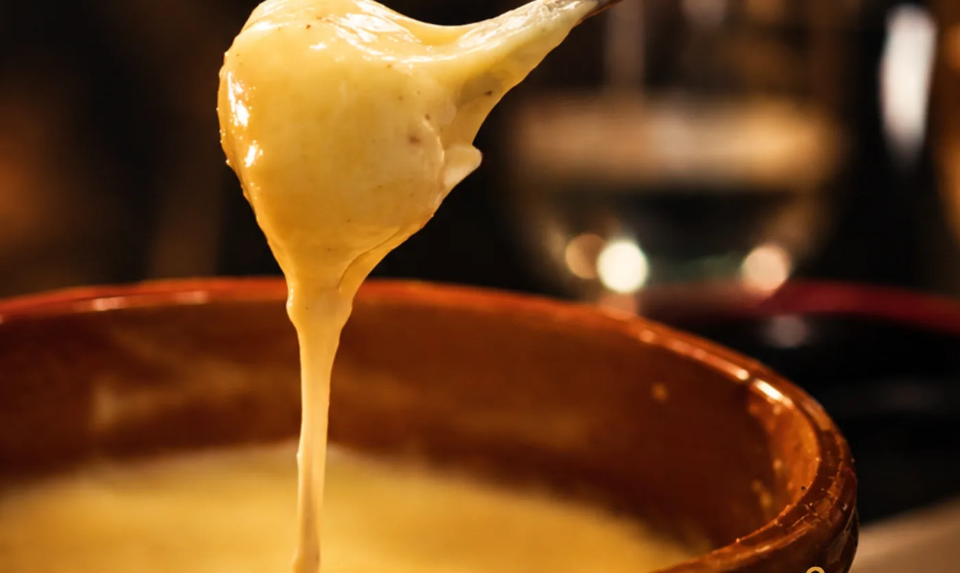 Fondue de queijo escorrendo do garfo sobre a panela de barro